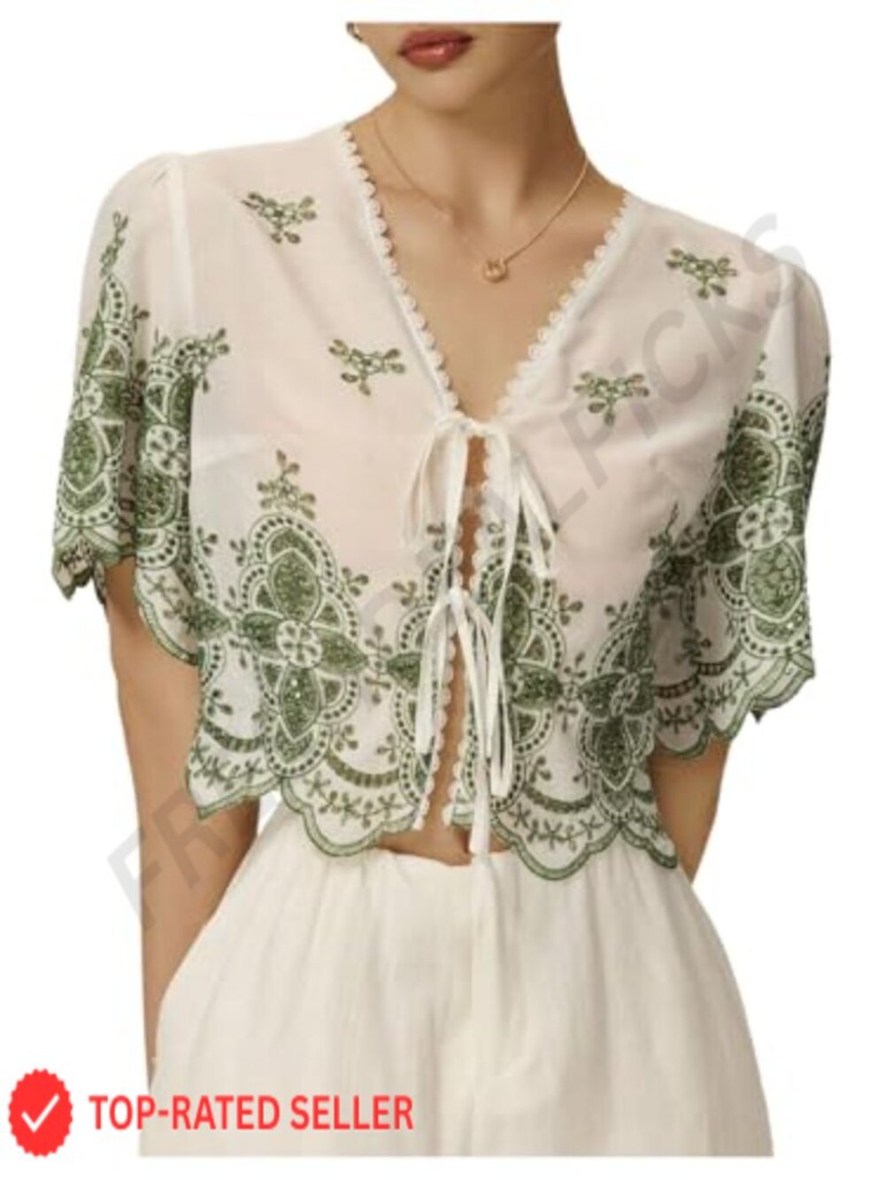 Women's Boho V-Neck Puff Sleeve Knot Front Crop Top Blouse